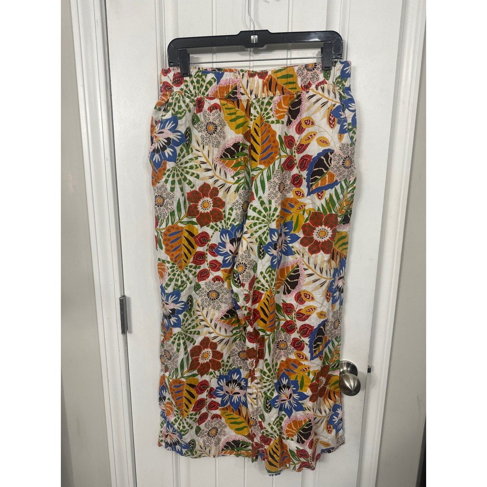 C&C California Womens Large 100% Linen Wide Leg Tropical Floral Pants MultiColor